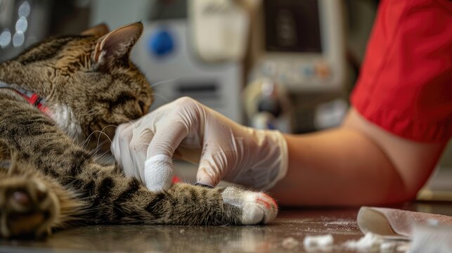 Compassionate Veterinarian Bandaging Cat's Paw in Clean Clinic Setting with Caring Vibe