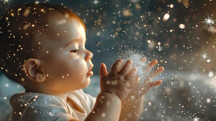 A surreal scene of a baby playing with stardust, capturing the awe and wonder of childhood in a cosmic setting. 