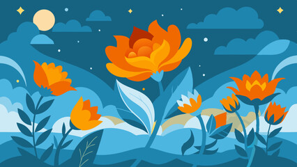 Fototapeta premium Flowers and leaves in a flat design, showcasing vibrant colors and intricate patterns.