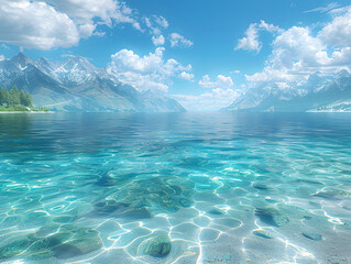 landscape of of water with a rocky shore and a picturesque view of snow-capped mountains under a clear blue sky.
