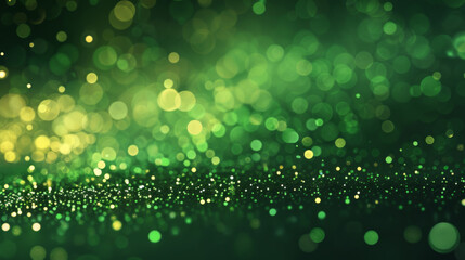 Obraz premium green abstract background with bokeh lights and sparkling particles. shiny and glittering background