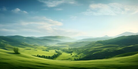 Obraz premium Vast green hills under open sky lush landscape in morning light. Concept Landscape Photography, Morning Light, Green Hills, Vast Open Sky, Lush Greenery