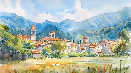 Obraz premium Soft focus watercolor scene of historic landmarks in muted colors