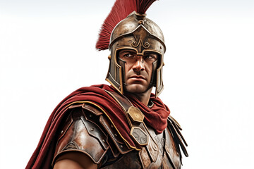 Fototapeta premium Ancient Roman soldier on a white background. Topics related to ancient Rome. Combat in ancient Rome. Historical reconstitution. Eternal Rome. Ancient Rome video games. Isolated image. 