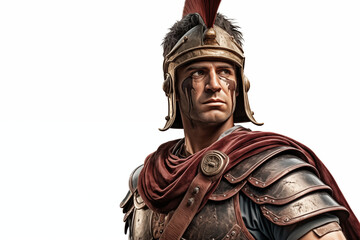 Fototapeta premium Ancient Roman soldier on a white background. Topics related to ancient Rome. Combat in ancient Rome. Historical reconstitution. Eternal Rome. Ancient Rome video games. Isolated image. 