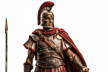Fototapeta premium Ancient Roman soldier on a white background. Topics related to ancient Rome. Combat in ancient Rome. Historical reconstitution. Eternal Rome. Ancient Rome video games. Isolated image. 