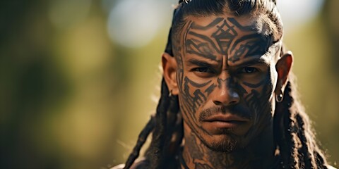 Abstract portrait of an indigenous warrior with traditional tattoos in natural setting. Concept Indigenous Culture, Tribal Tattoo, Natural Environment, Abstract Portrait, Warrior Costume