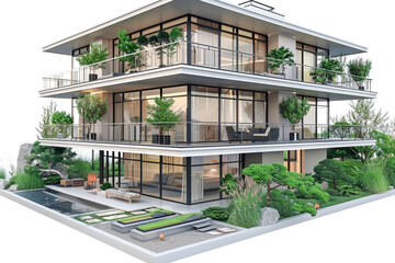 A two-story house with cantilevered balconies and a zen garden on an isolated solid white clear background.