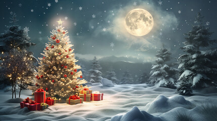 Fototapeta premium Decorated Christmas tree and many gifts with full moon. Christmas and holidays background