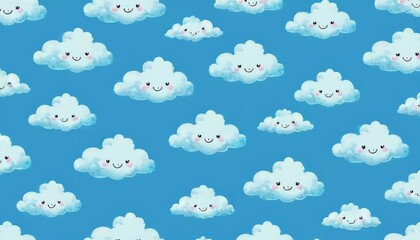 Charming seamless pattern featuring smiling clouds against a bright blue sky. This cute and cheerful design is ideal for children's rooms, fabrics, or wallpapers.. AI Generation