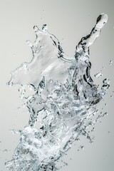 A splash of water frozen in time, dynamic and energetic, against a white background, highlighting purity and motion