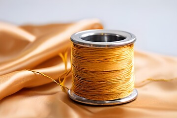 Golden thread spool with thimble on shiny chiffon material