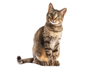 Full body shot of Aegean cat, sitting,  looking around curiously.