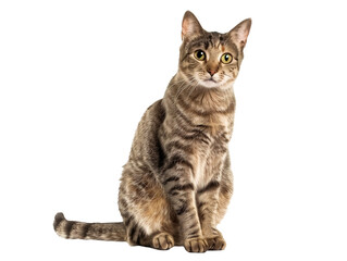 Full body shot of Aegean cat, sitting,  looking around curiously.