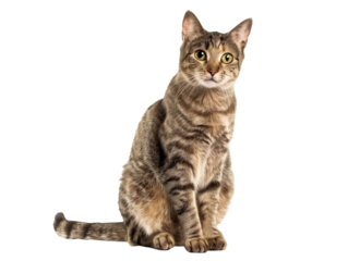 Full body shot of Aegean cat, sitting,  looking around curiously.