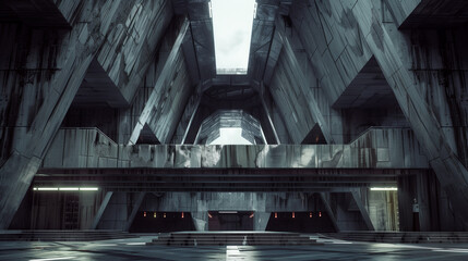 Dramatic concrete futuristic building with geometric designs, overcast lighting, and intricate textures