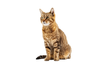 Full body shot of Aegean cat, sitting,  looking around curiously.