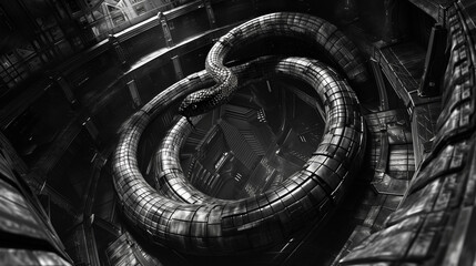 A large robotic snake coils within a dark, industrial environment, showcasing advanced technology