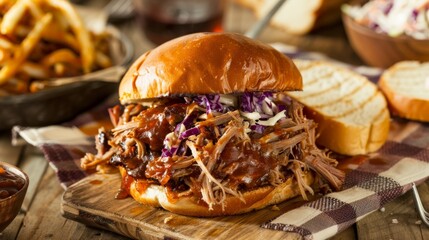 Fototapeta premium Barbecue pork pulled apart with a fork, tender and smoky, served on a bun with coleslaw, picnic setting with checkered tablecloth