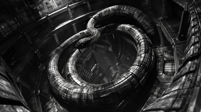 A large robotic snake coils within a dark, industrial environment, showcasing advanced technology