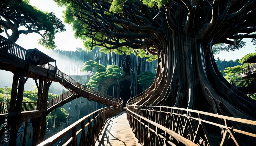 Poster a mesmerizing wooden bridge meanders through a lush, enchanted forest, with sunlight filtering throu
