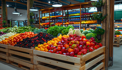 Stand of boxes full of fresh colorful fruits and vegetables in big grocery store