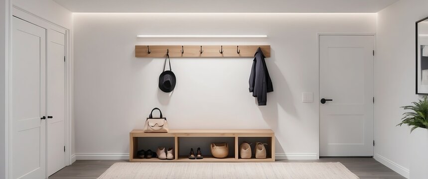 A modern, minimalist entryway with a bench, coat hooks, and storage, perfect for home organization and creating a welcoming, clutter-free entrance.