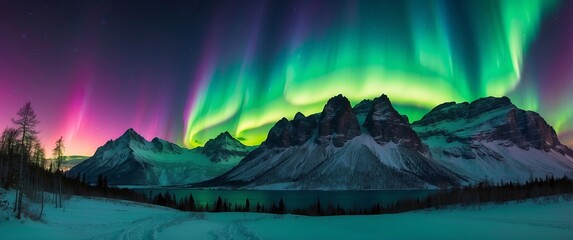 Stunning aurora borealis over snow-capped mountains and a serene lake, creating a vibrant and tranquil winter night landscape perfect for travel and adventure concepts.