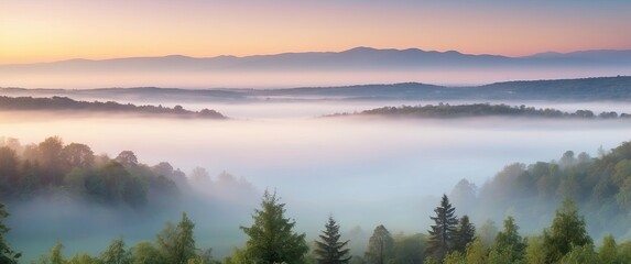 Fototapeta premium A serene sunrise over a misty valley with lush green trees, creating a tranquil and ethereal landscape ideal for nature-themed concepts or events.