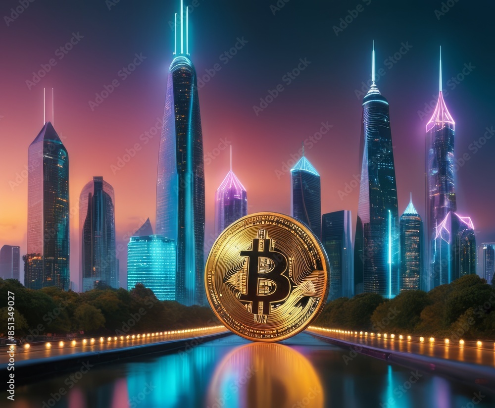 Poster bitcoin symbol stands prominently against a backdrop of a futuristic cityscape with neon lights. hig