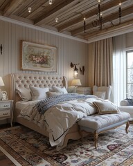 Fototapeta premium Cozy Bedroom: French Country Style Interior Design - Modern Decor with Rustic Charm, Home Decor Inspiration