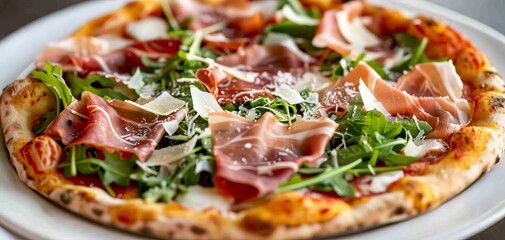 Close-up of a gourmet pizza with prosciutto, arugula, and shaved Parmesan, served on a white plate, elegant presentation