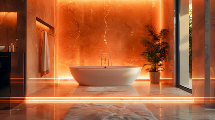 Modern minimalist beige bathroom interior, modern bathroom cabinet with interior plants, bathroom accessories . 3d rendering