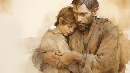 Depiction of Family Forgiveness, Prodigal Son Returns, Biblical Art, Beige Background,Christian banner