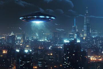 UFO hovering cityscape at night bright lights