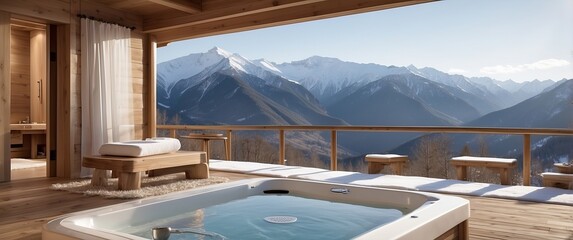 Fototapeta premium Luxurious hot tub on a wooden deck with a stunning mountain view, ideal for relaxation and winter retreats.
