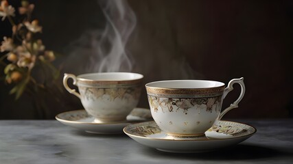 Fototapeta premium A delicately placed porcelain teacup, its delicate floral pattern worn with time yet still exuding elegance and charm