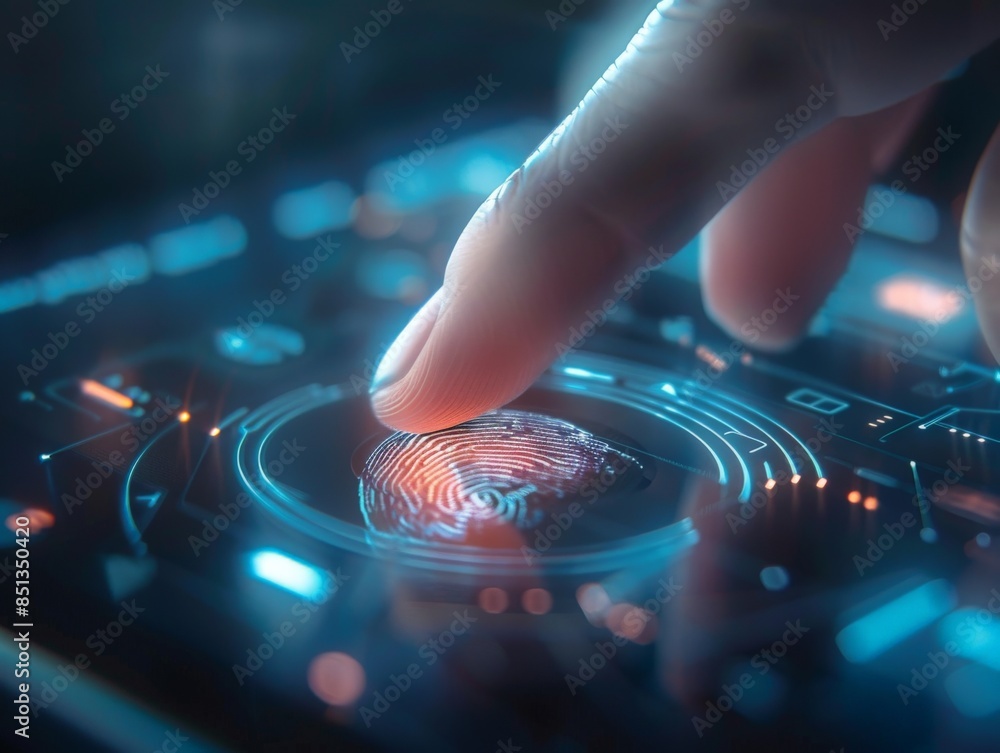Aufkleber close-up of a person using a fingerprint scanner to unlock a device, with a clear unlock icon, futur