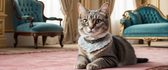 An elegant cat with a lace collar sits on a pink carpet in a luxurious, vintage-styled room with stylish furniture, embodying aristocratic charm and grace.