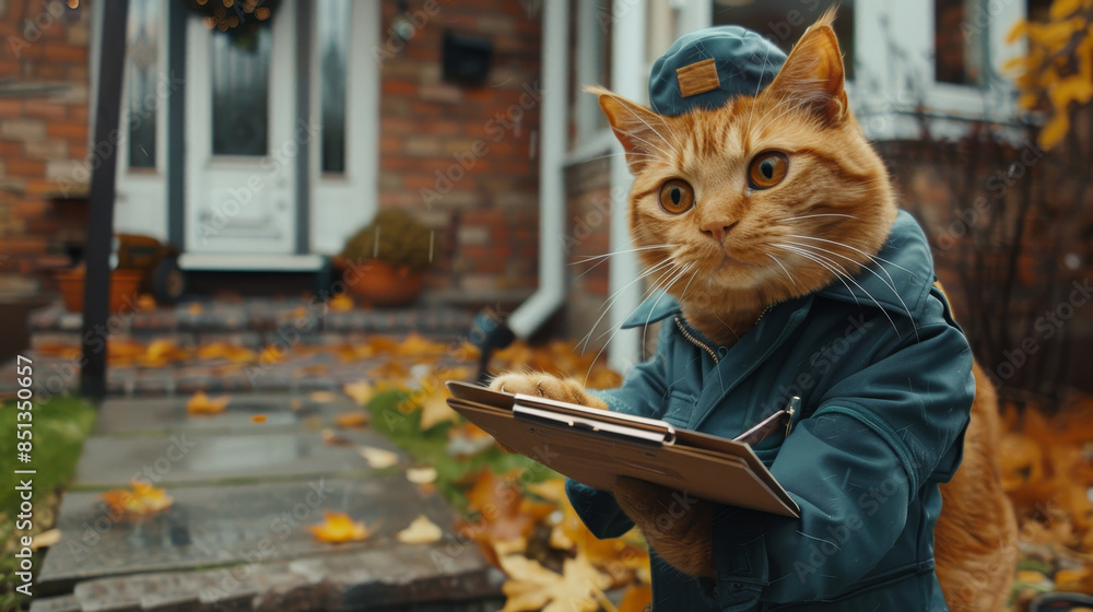 Wall mural a cute cat dressed as a mailman holding a clipboard, standing on a pathway with autumn leaves and a 