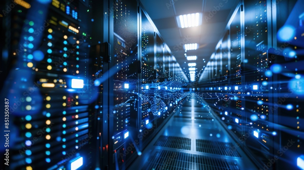 Poster a long hallway with many computer servers lit up in blue. the servers are connected to each other an