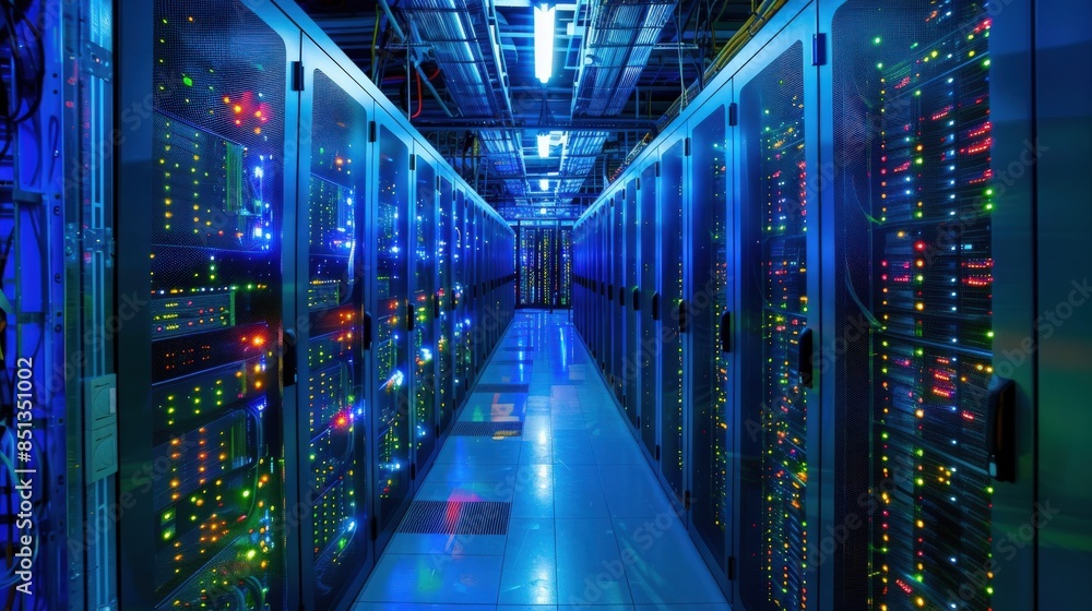Poster a long hallway with many computer servers lit up in blue. the servers are connected to each other an