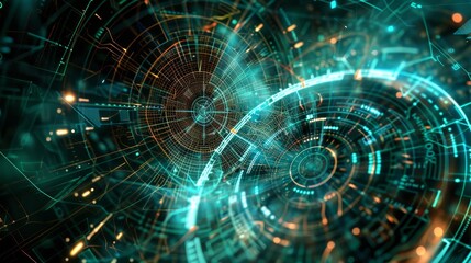 Obraz premium Futuristic digital technology background with abstract glowing lines and geometric patterns representing data and connectivity.