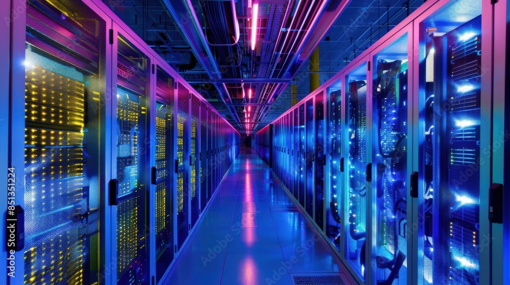 Poster a long hallway with many computer servers lit up in blue. the servers are connected to each other an