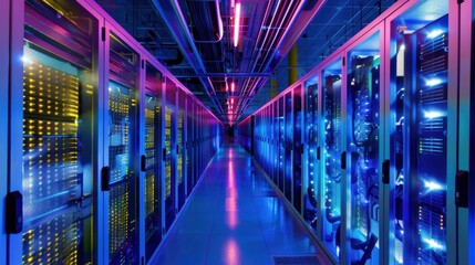 Fototapeta premium A long hallway with many computer servers lit up in blue. The servers are connected to each other and are glowing brightly