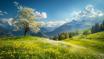 Sunny alpine day high quality shot of blooming spring meadows in the idyllic alps