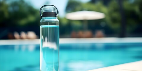 Fototapeta premium Water bottle against pool background plastic material refreshing concept hydration theme. Concept Hydration, Water Bottle, Pool Background, Plastic Material, Refreshing Concept