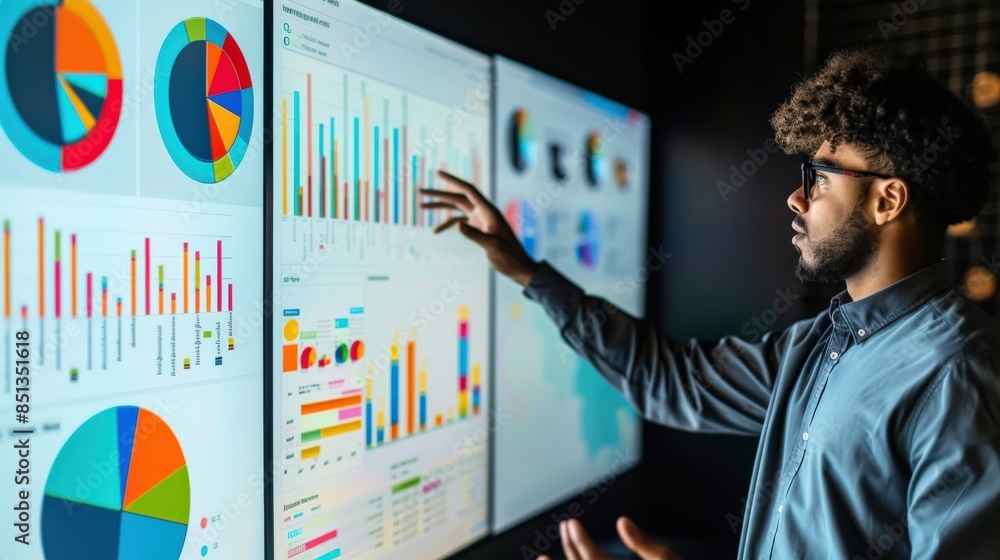 Aufkleber a man pointing at a large screen with a graph on it. he is wearing a suit and glasses