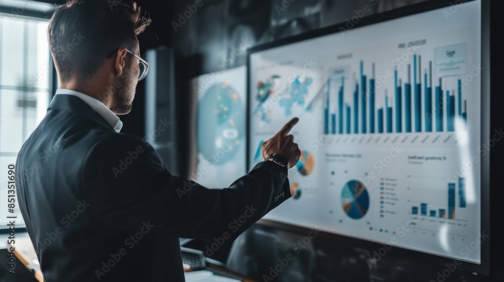 Poster a man pointing at a large screen with a graph on it. he is wearing a suit and glasses