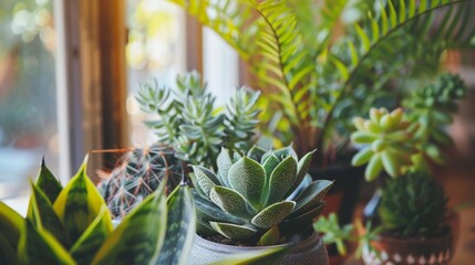 Fototapeta premium Close-up of a variety of indoor houseplants including succulents and ferns, arranged on a windowsill, natural light, vibrant and detailed, home decor concept